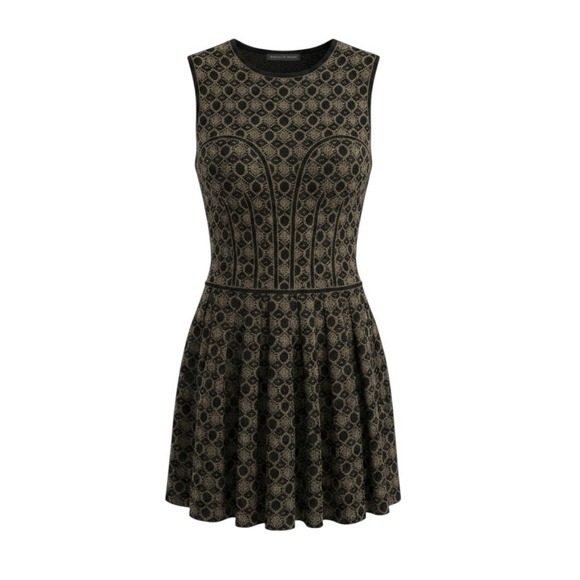 Alexander McQueen Dresses & Skirts - Alexander McQueen Metallic Jacquard Knit Skater Dress Fit Flare Black Gold Small